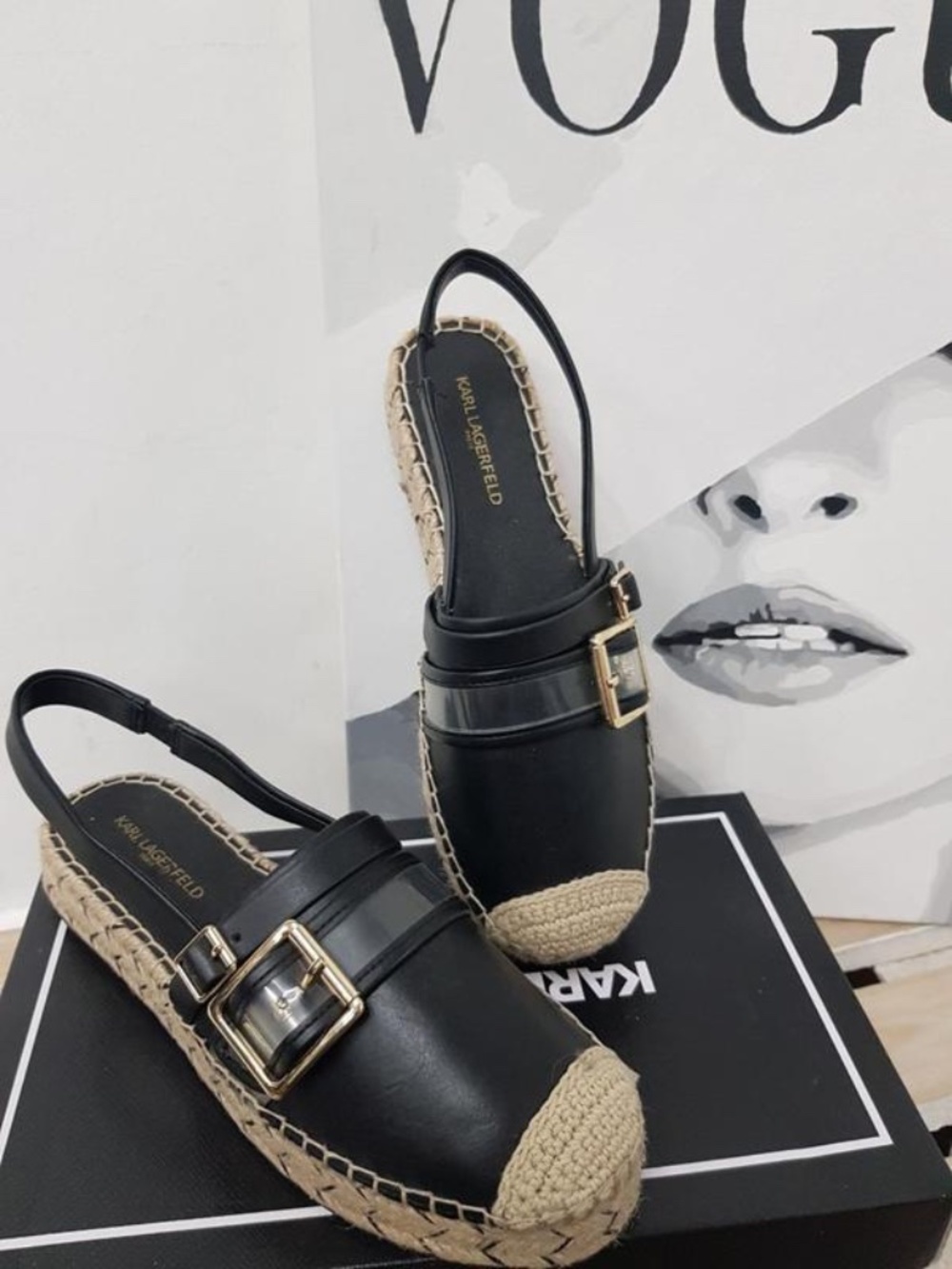 EUC [Karl Lagerfeld] Black Jute Slingback Platform Sandals + Gold Buckle | 6